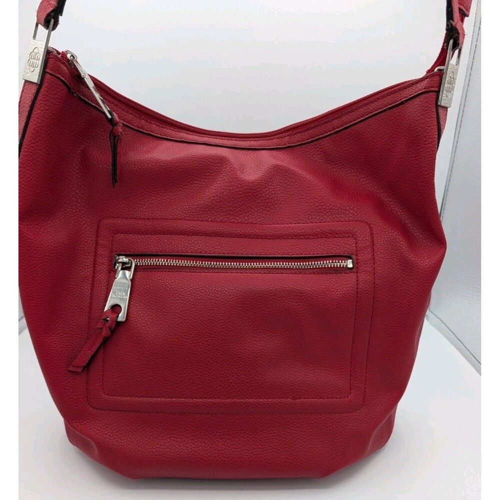 Dana Buchman Red Faux Leather Hobo Bag Zebra Lining Zip Pocket EUC